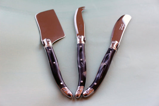 Laguiole 3 Piece Mini Cheese Utensil Set, Black Marble in Kraft Paper Box