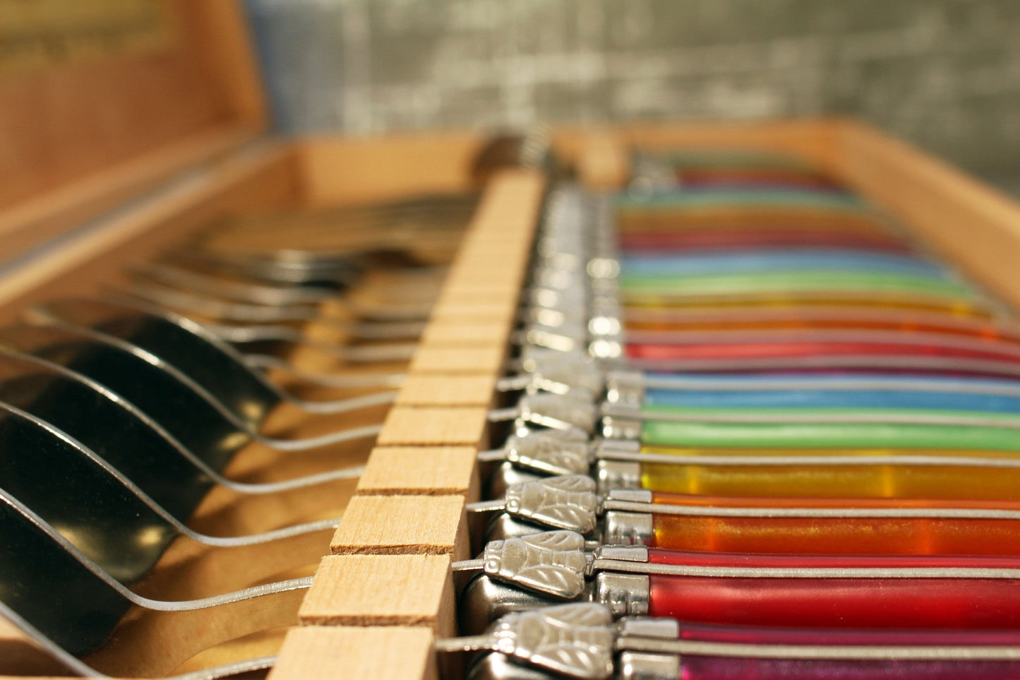 Laguiole 24 Piece Flatware Set, Rainbow in Wood Presentation Box