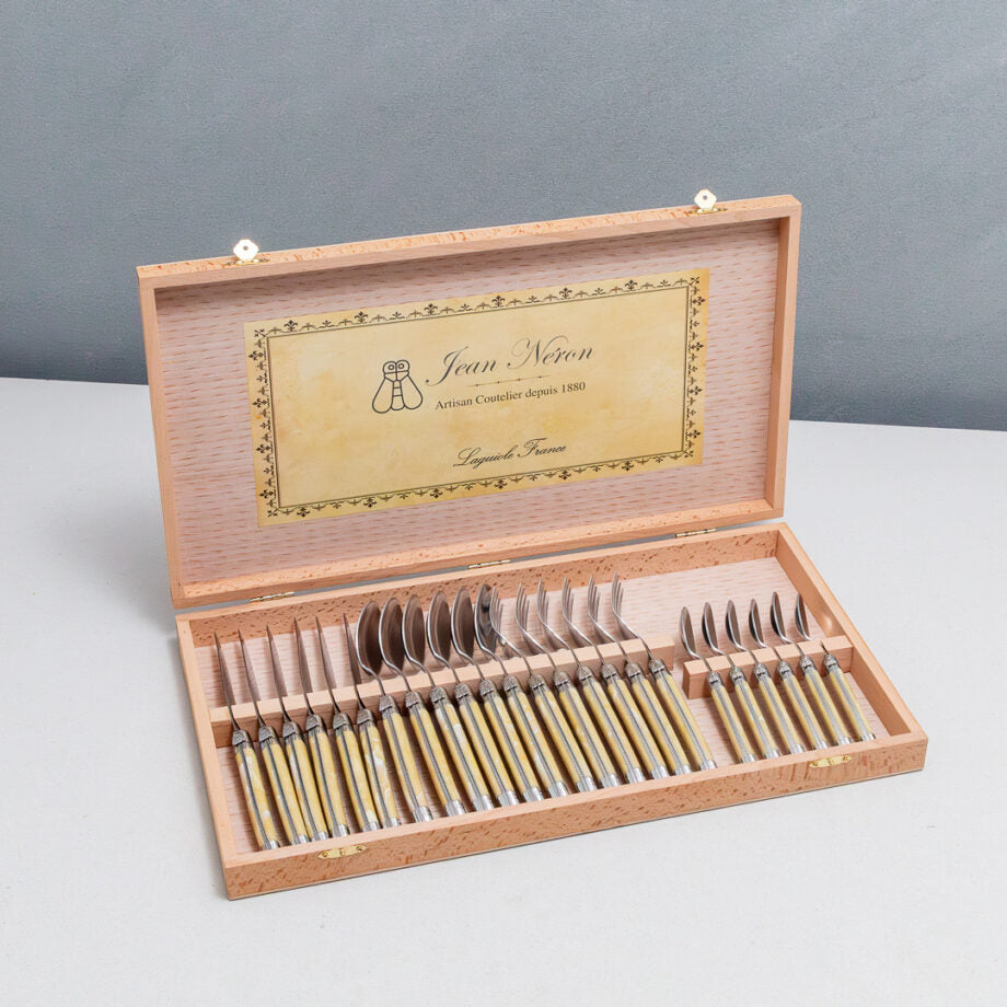 Laguiole 24 Piece Flatware Set, Pale Horn in Wood Presentation Box
