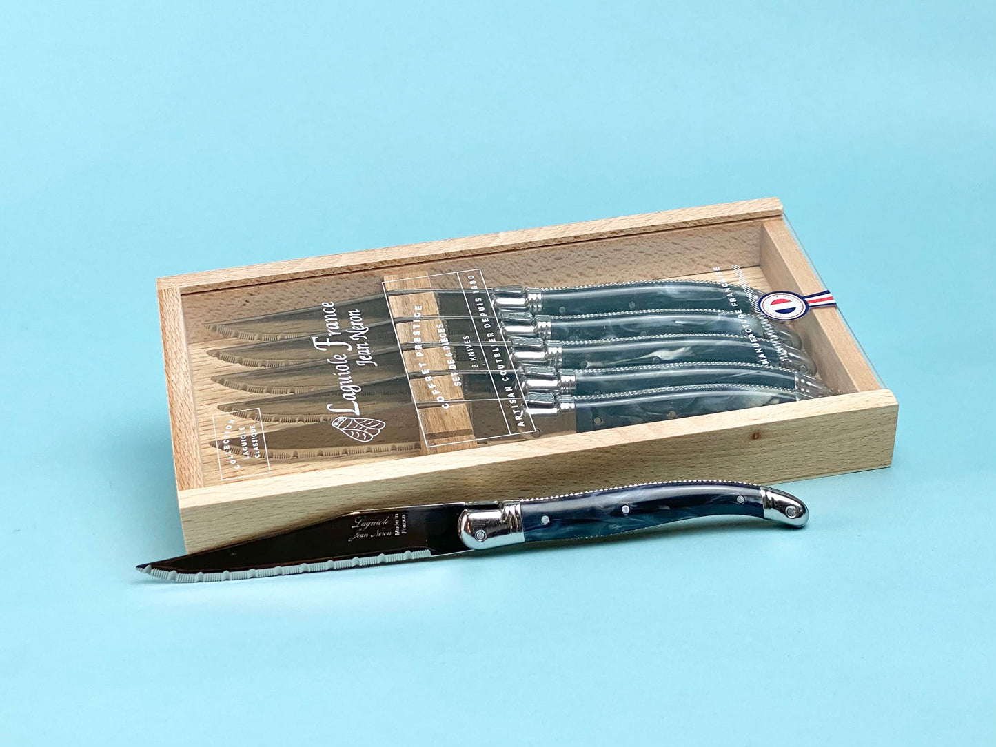 Laguiole 6 Piece Steak Knife Set, Black Marble in Wood Box with Acrylic Lid