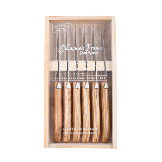Laguiole 6 Piece Steak Knife Set, Olivewood in Wood Box with Acrylic Lid