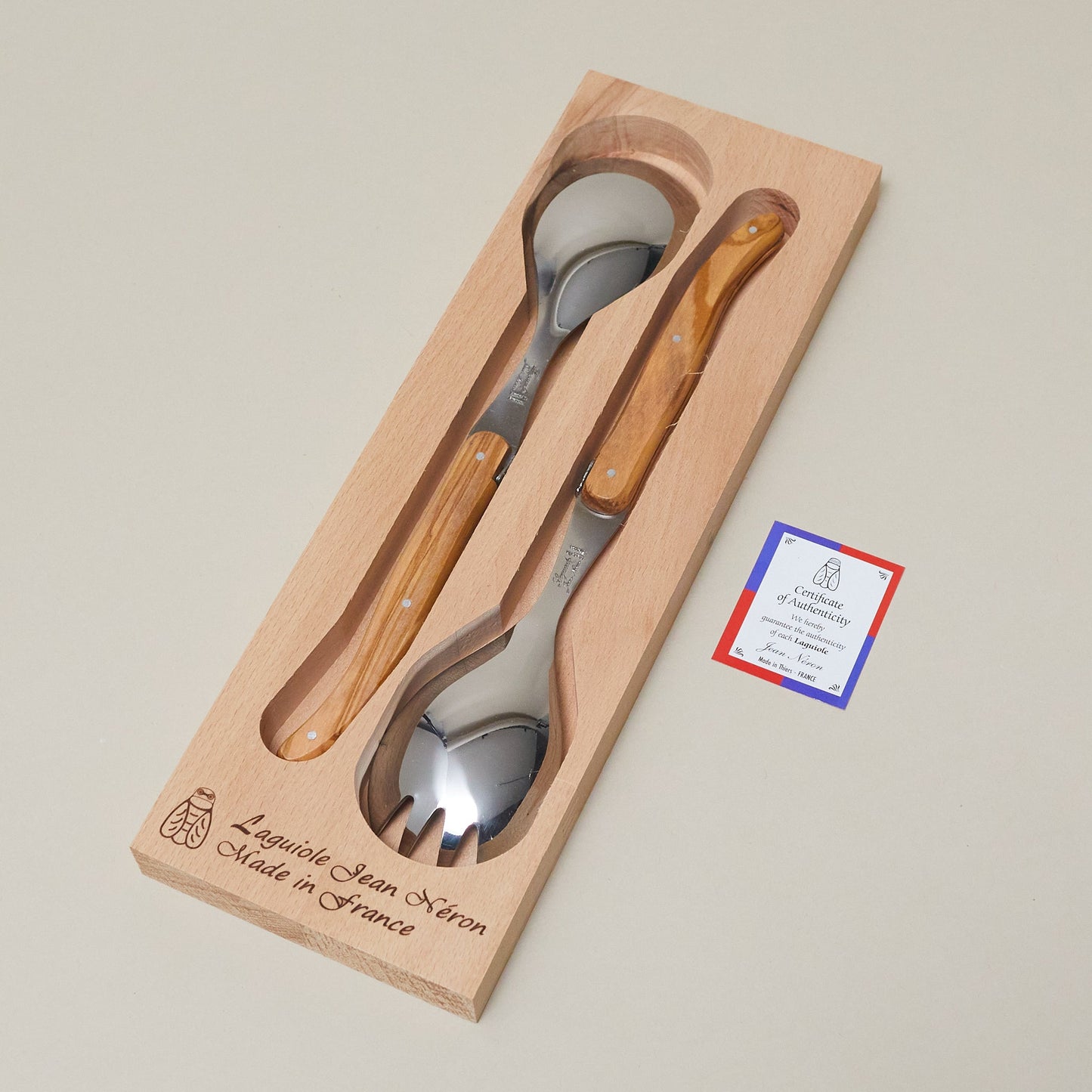 Laguiole Salad Serving Set Olivewood, in wooden box