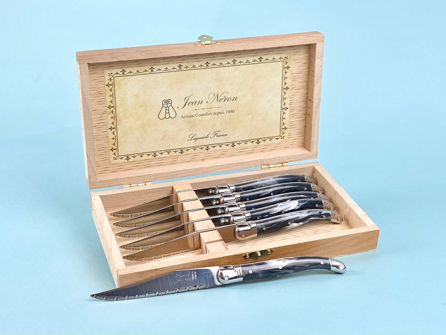 Laguiole 6 Piece Steak Knife Set, Black Marble in Wood Presentation Box