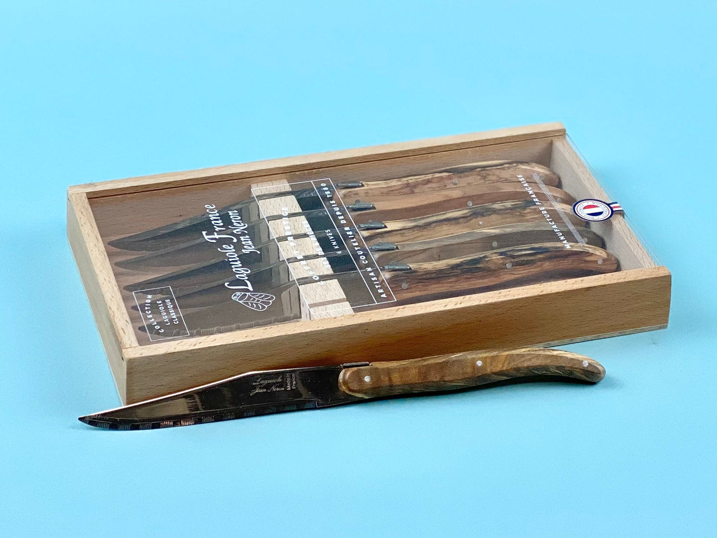 Laguiole 6 Piece Steak Knife Set, Olivewood in Wood Box with Acrylic Lid