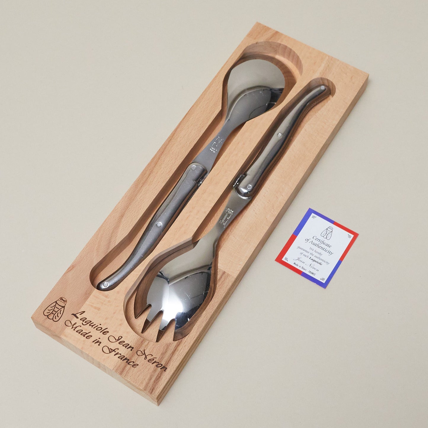 Laguiole Salad Serving Set, Platine Stainless Steel in wooden box