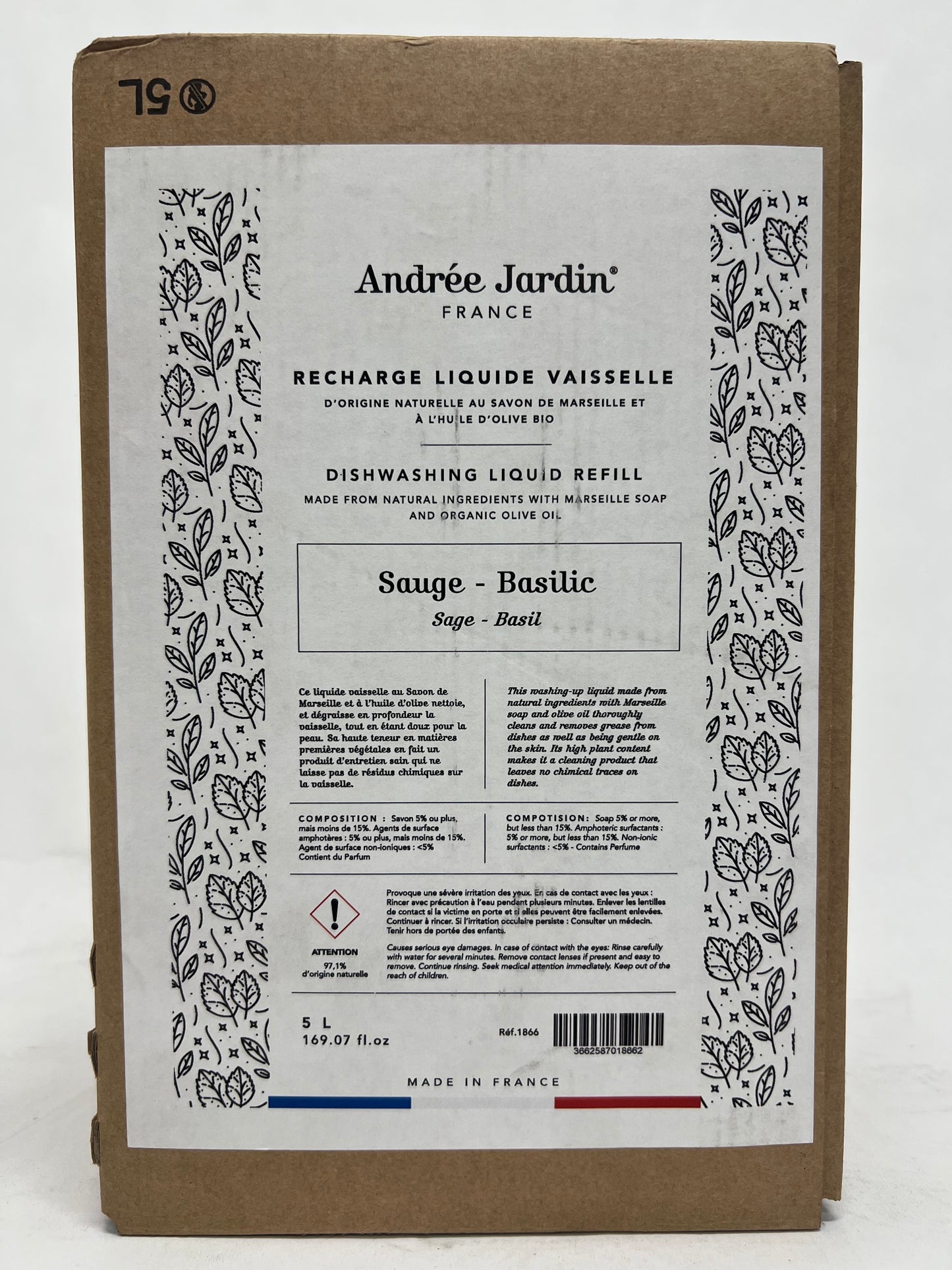 Andree Jardin Dish Washing Liquid REFILL 5L--Sage & Basil