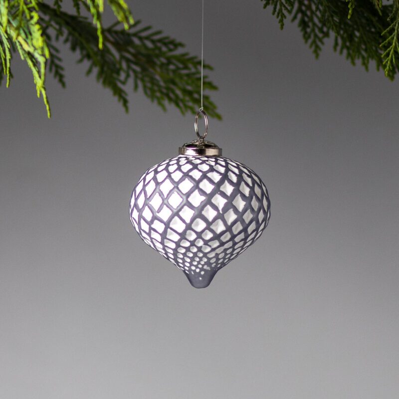 White & Gray Glass Ornament, Lattice Drop Large, Set of 4