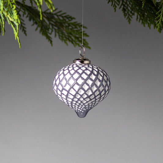 White & Gray Glass Ornament, Lattice Drop Large