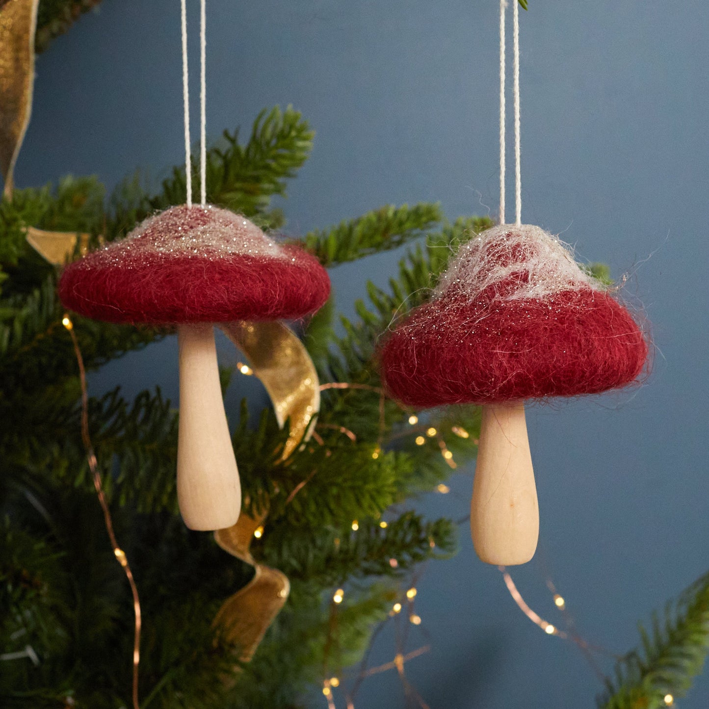 Red Felt Mushroom Ornaments, Set of 2