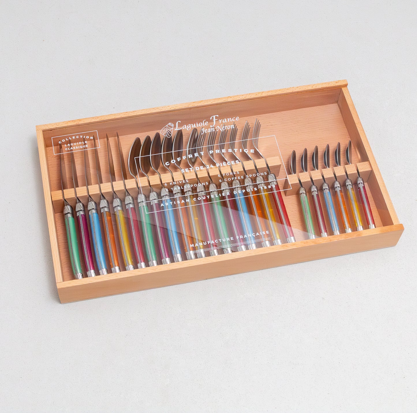 Laguiole 24 Piece Flatware Set, Platine Rainbow in Wood Box with Acrylic Lid