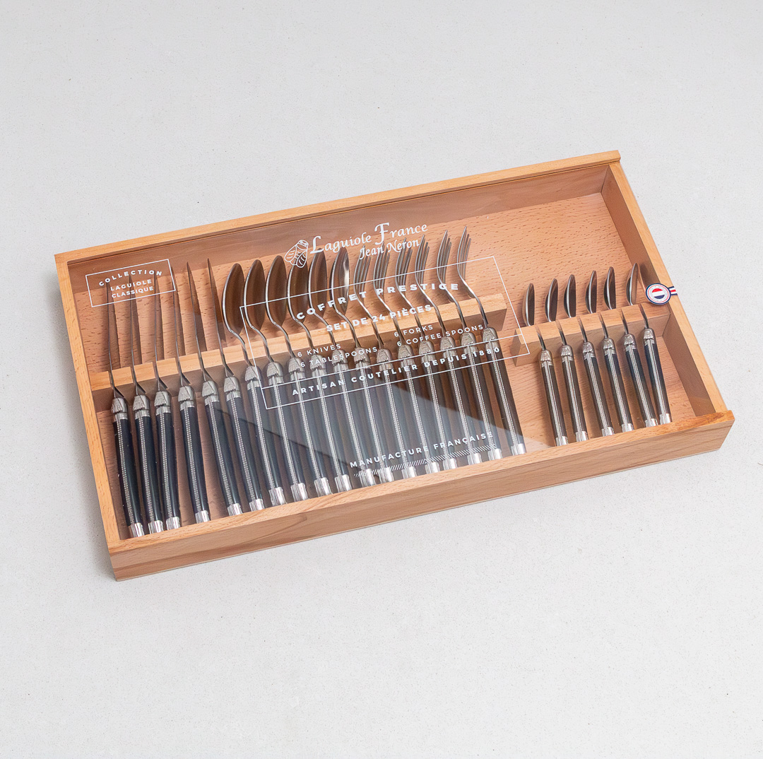 Laguiole 24 Piece Flatware Set, Platine Black in Wood Box with Acrylic Lid