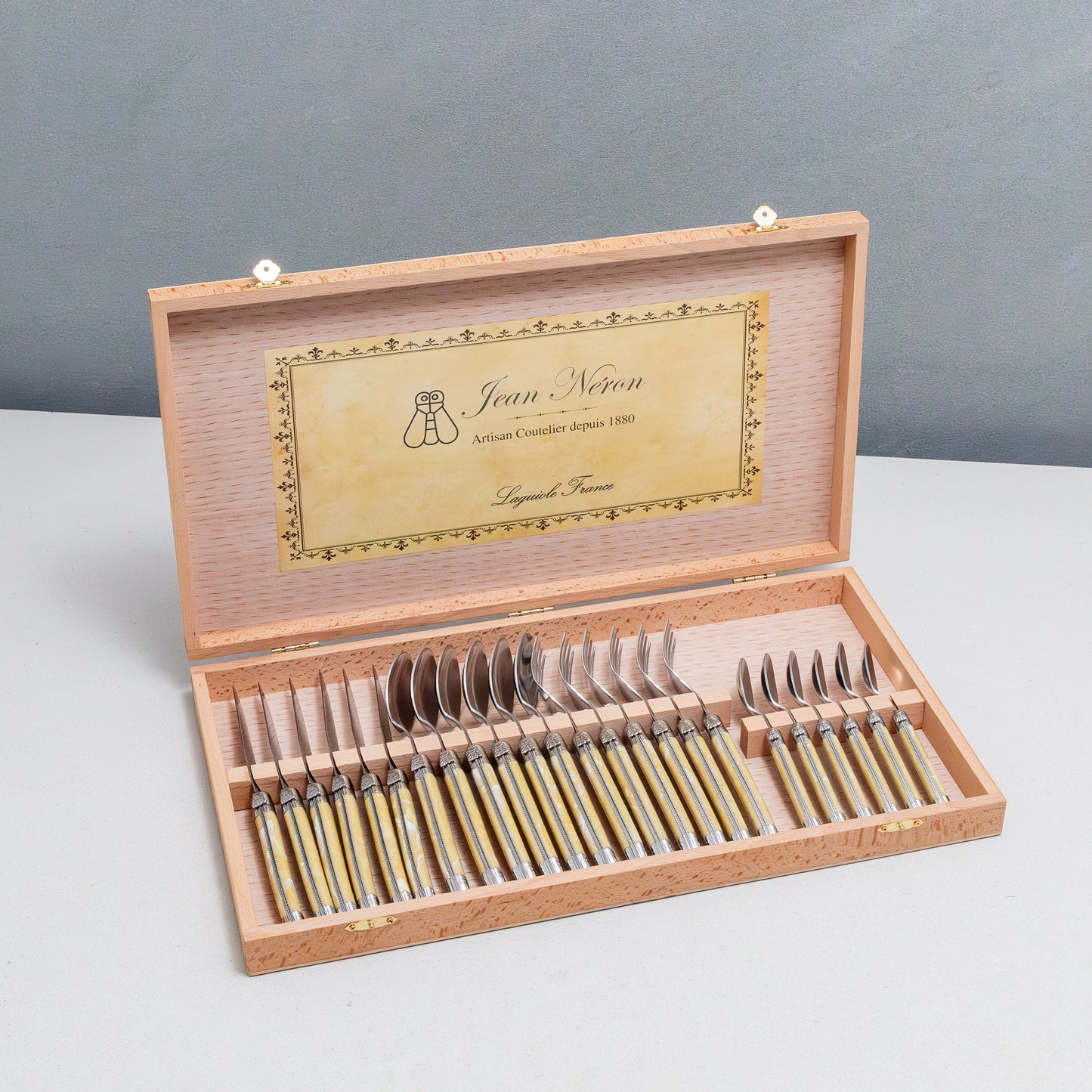 Laguiole 24 Piece Flatware Set, Platine Pale Horn in Wood Presentation Box