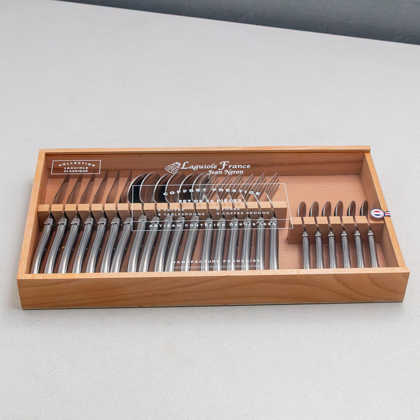 Laguiole 24 Piece Flatware Set, Platine Stainless Steel in Wood Box with Acrylic Lid