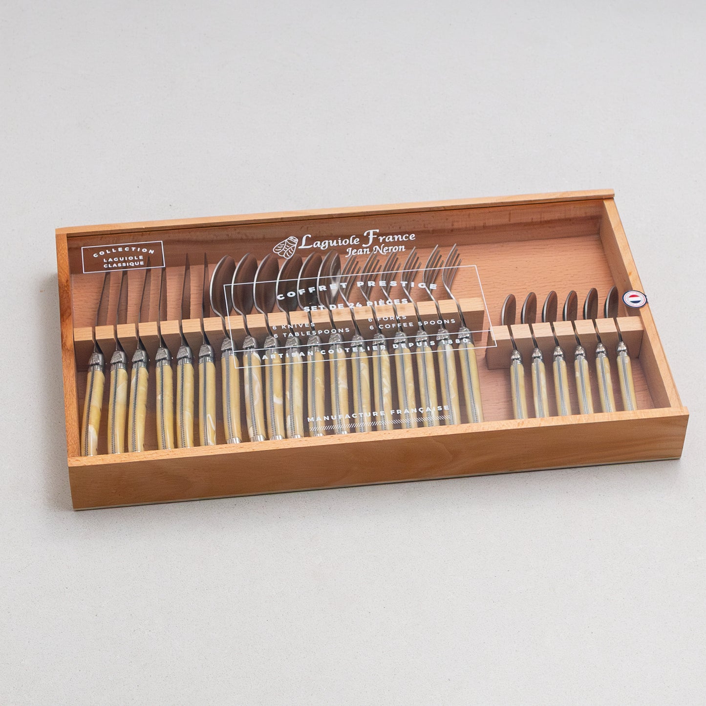 Laguiole 24 Piece Flatware Set, Platine Pale Horn in Wood Box with Acrylic Lid