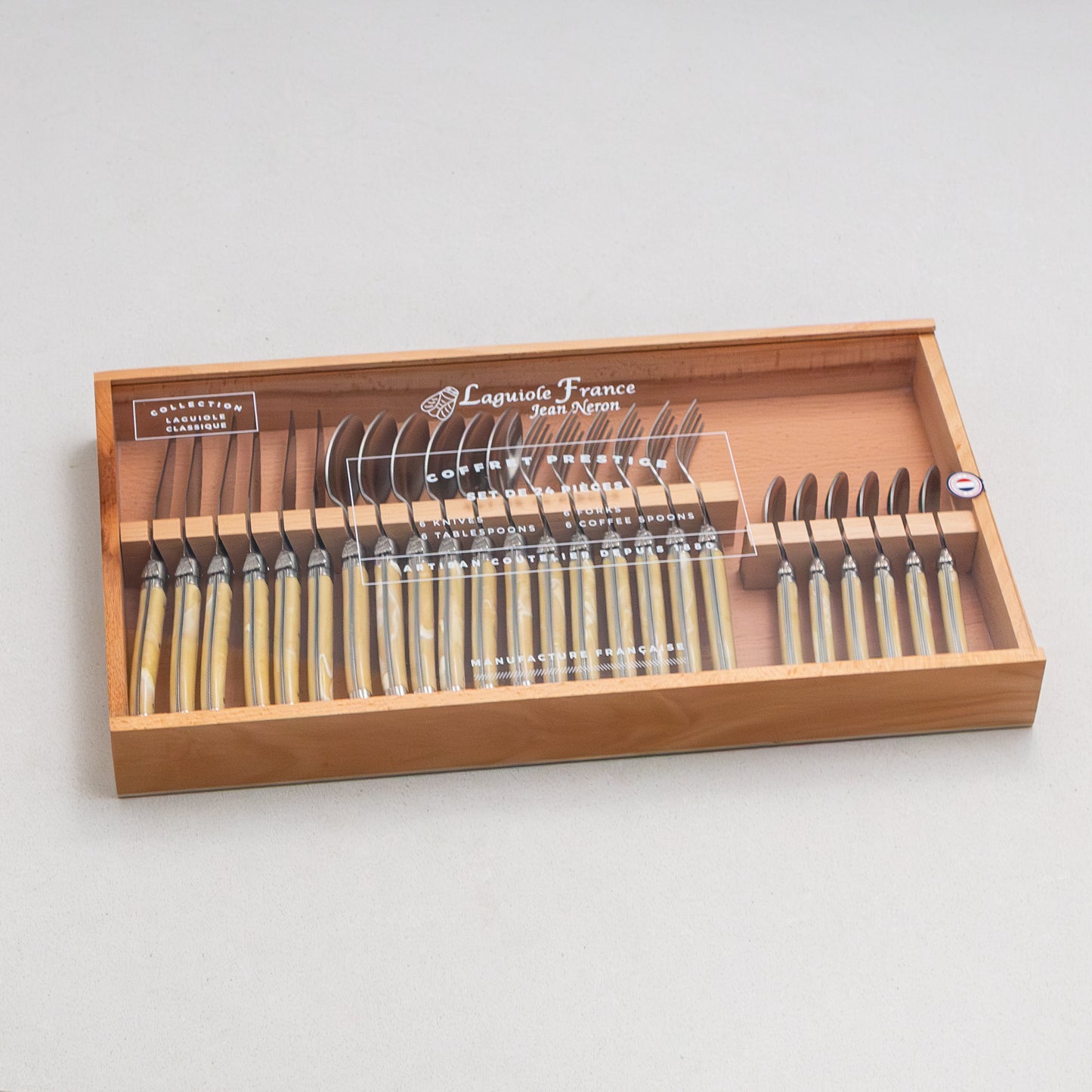 Laguiole 24 Piece Flatware Set, Pale Horn in Wood Box with Acrylic Lid