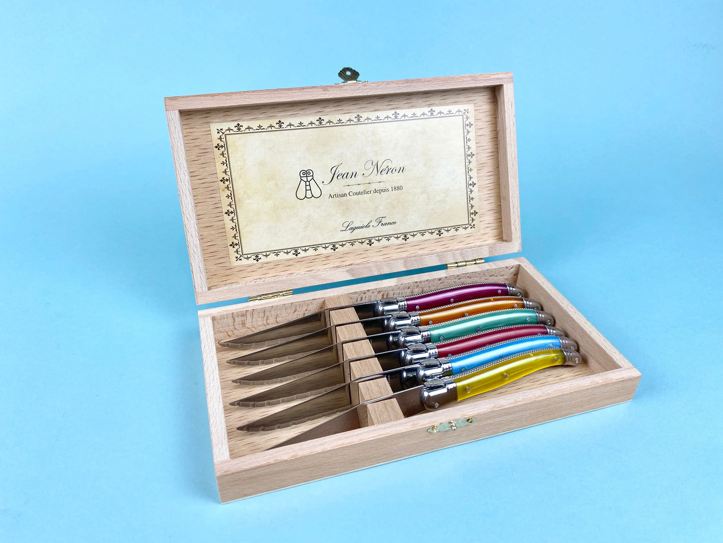 Laguiole 6 Piece Steak Knife Set, Platine Rainbow in Wood Presentation Box
