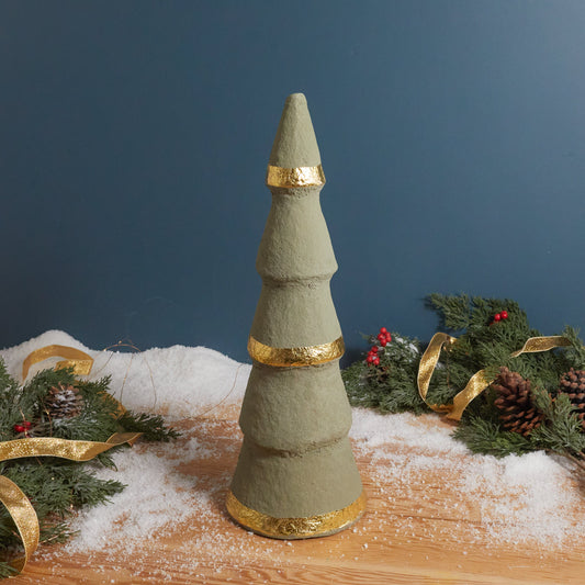 Handmade Paper Mache Trees with Gold Foil, Grey, Set of 3
