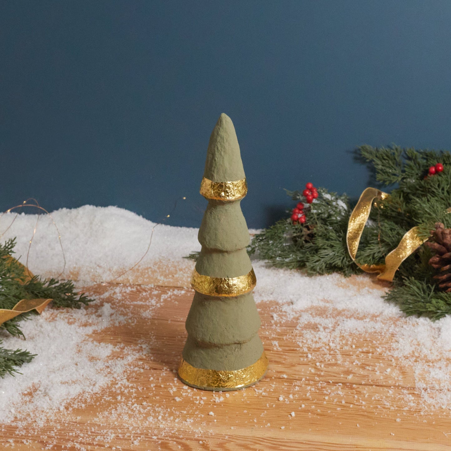 Handmade Paper Mache Trees with Gold Foil, Grey, Set of 3