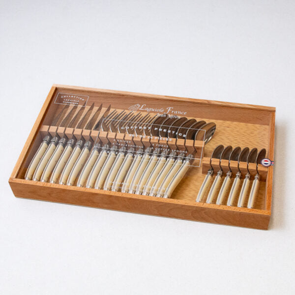 Laguiole 24 Piece Flatware Set, Platine Ivory in Wood Box with Acrylic Lid