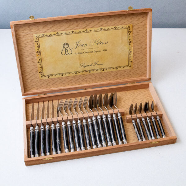Laguiole 24 Piece Flatware Set, Platine Black Marble in Wood Presentation Box