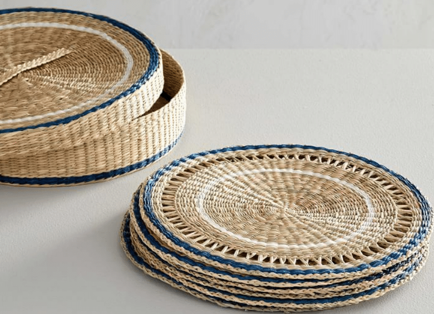 Woven Seagrass Placemats with Holder - Blue (Set of 6)