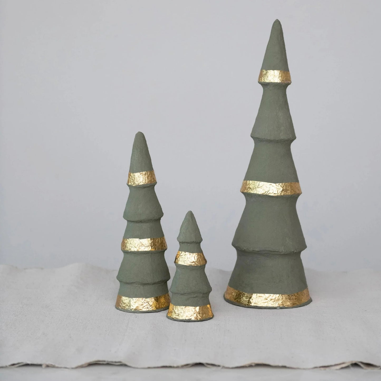 Handmade Paper Mache Trees with Gold Foil, Grey, Set of 3