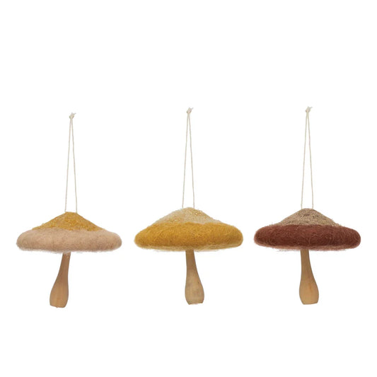 Wool and Wood Mushroom Ornaments, Set of 3