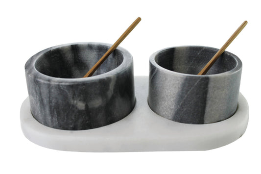 White & Gray Marble Cellars with Spoons & Tray