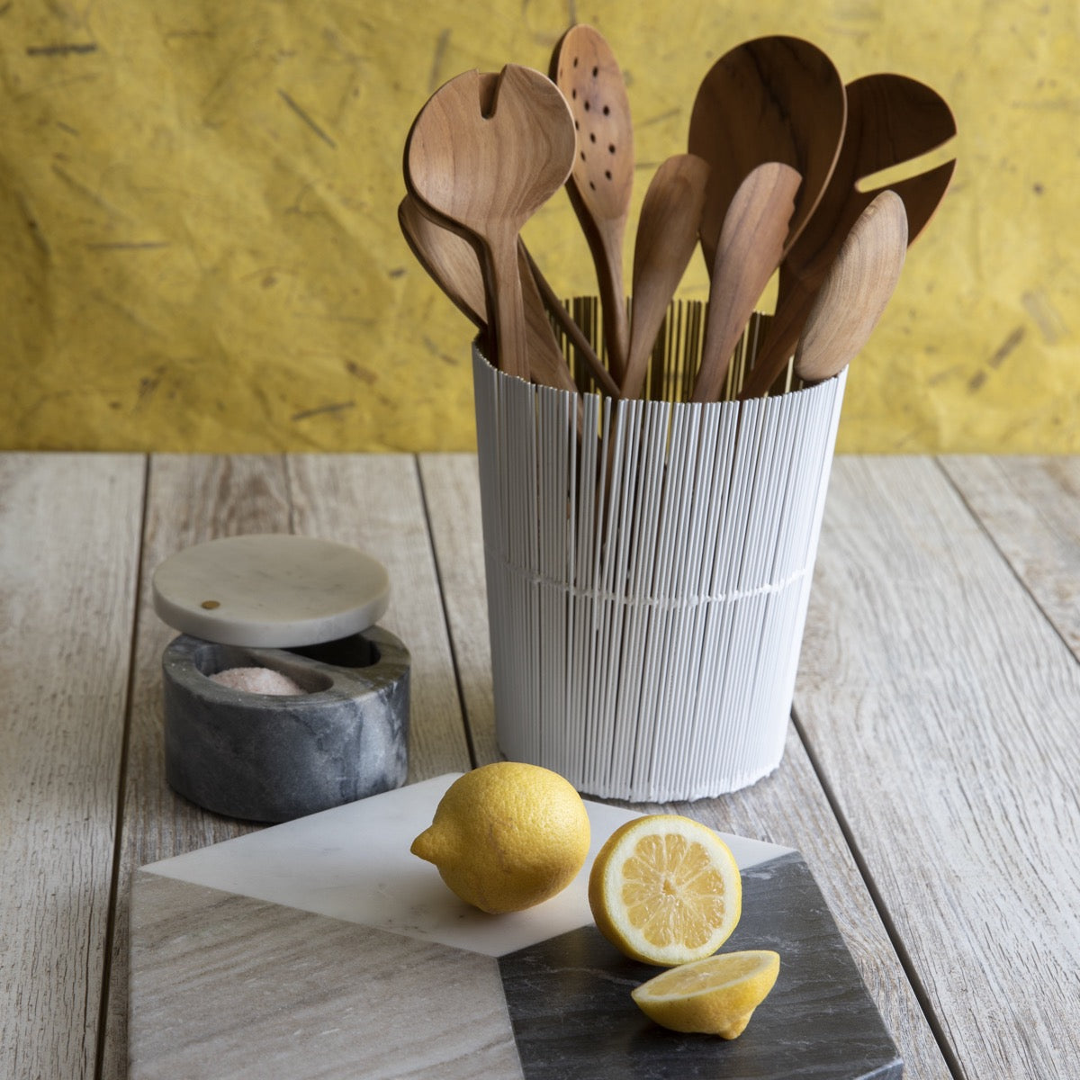 White & Gray Marble Cellar with Pivoting Lid