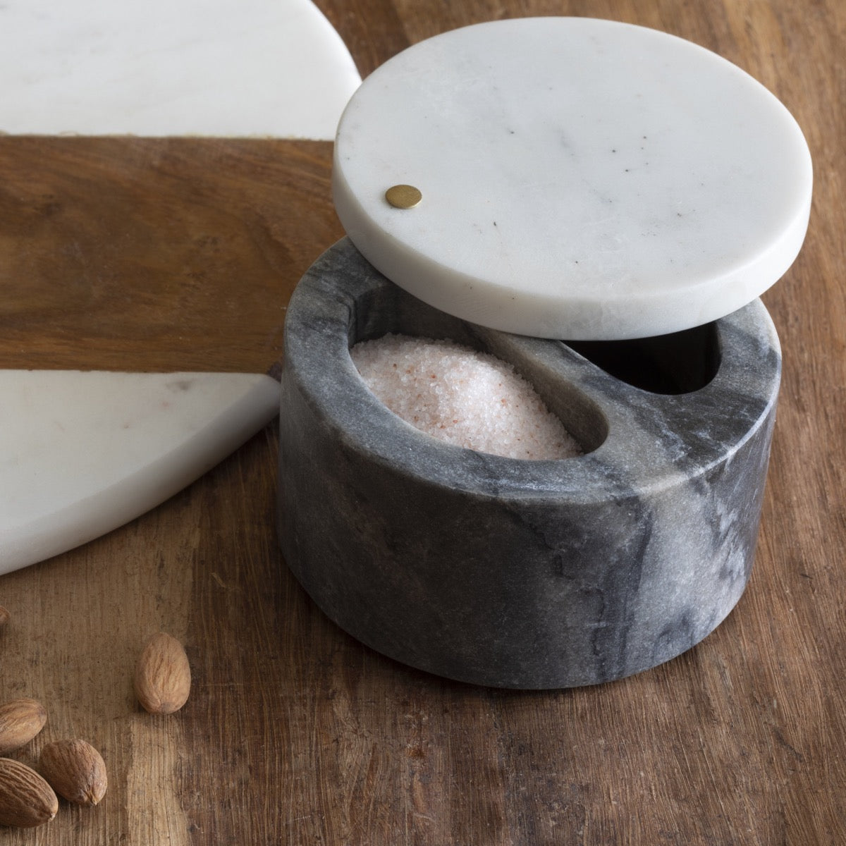 White & Gray Marble Cellar with Pivoting Lid