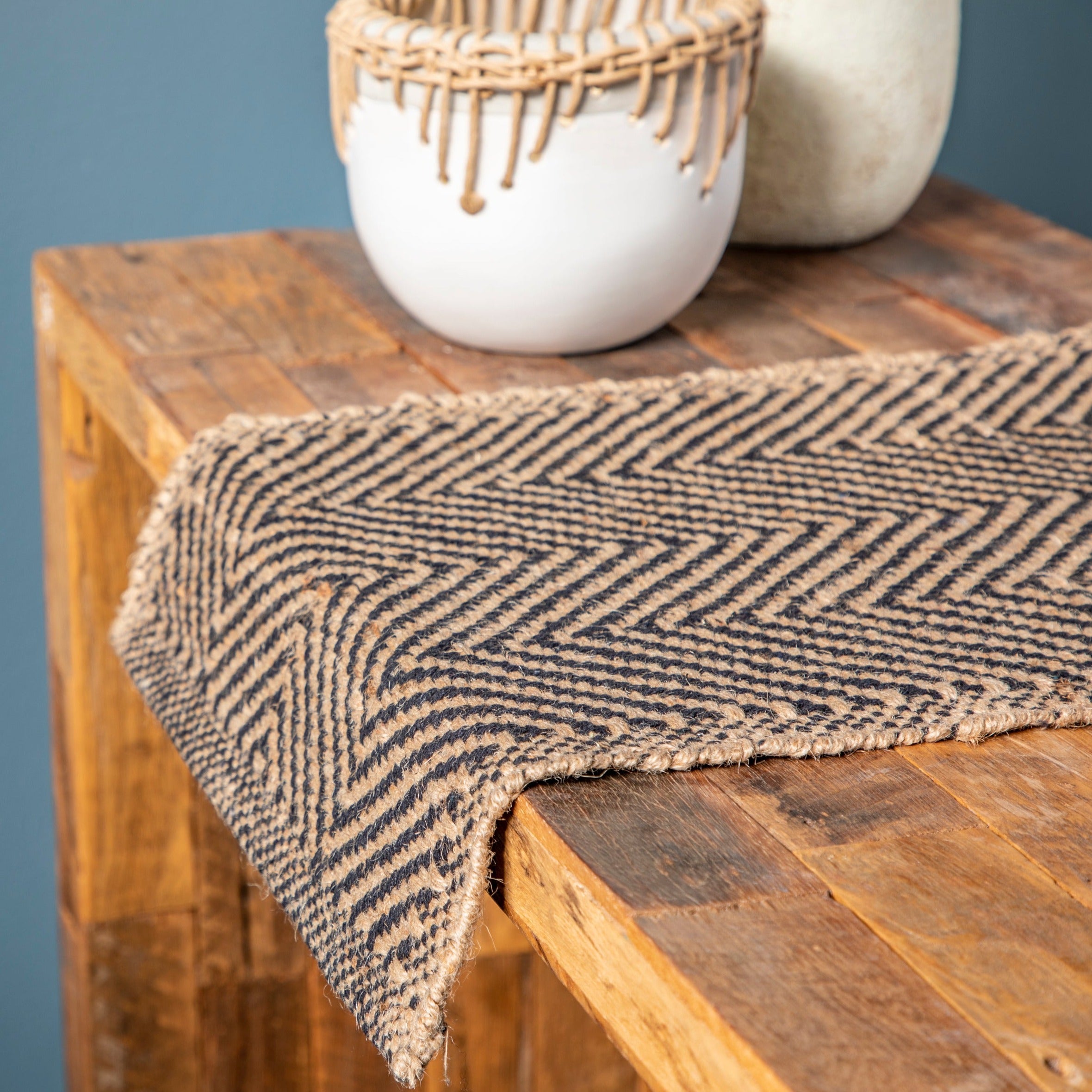 Jute & Cotton Table Runner with Chevron Pattern