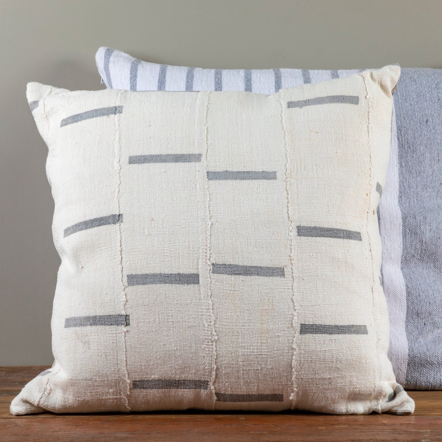 Mud Cloth Square Pillow, White with Grey Dashes