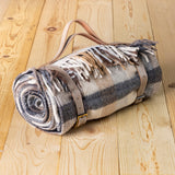 Recycled Wool Waterproof Picnic Blanket in Neutral Herringbone Check - Taupe Leather