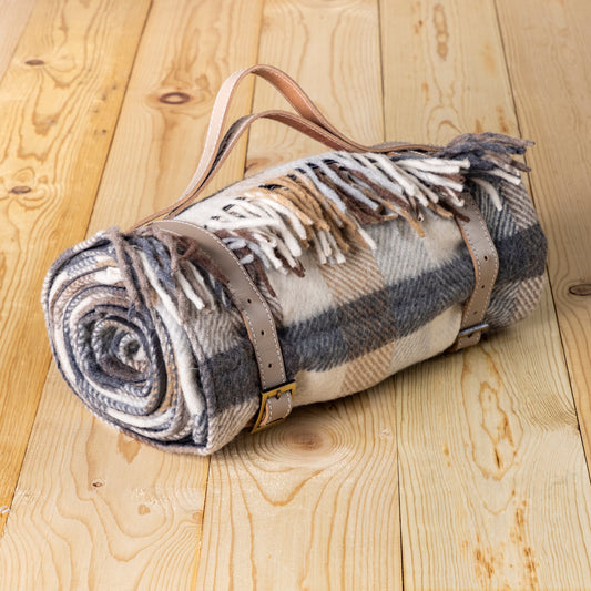 Recycled Wool Waterproof Picnic Blanket in Neutral Herringbone Check - Taupe Leather