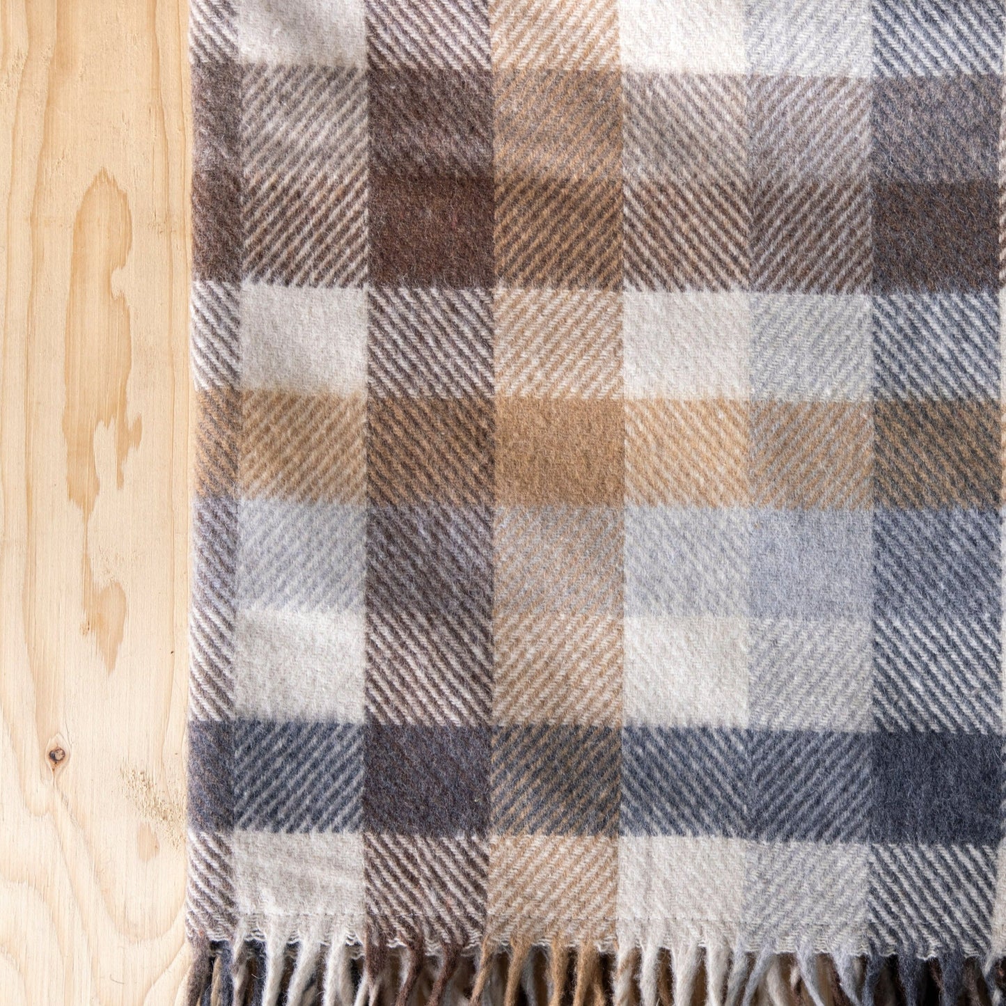 Recycled Wool Waterproof Picnic Blanket in Neutral Herringbone Check - Taupe Leather