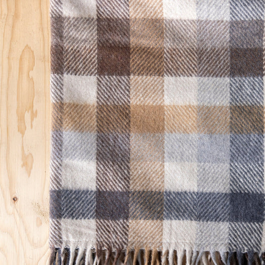 Recycled Wool Waterproof Picnic Blanket in Neutral Herringbone Check - Taupe Leather