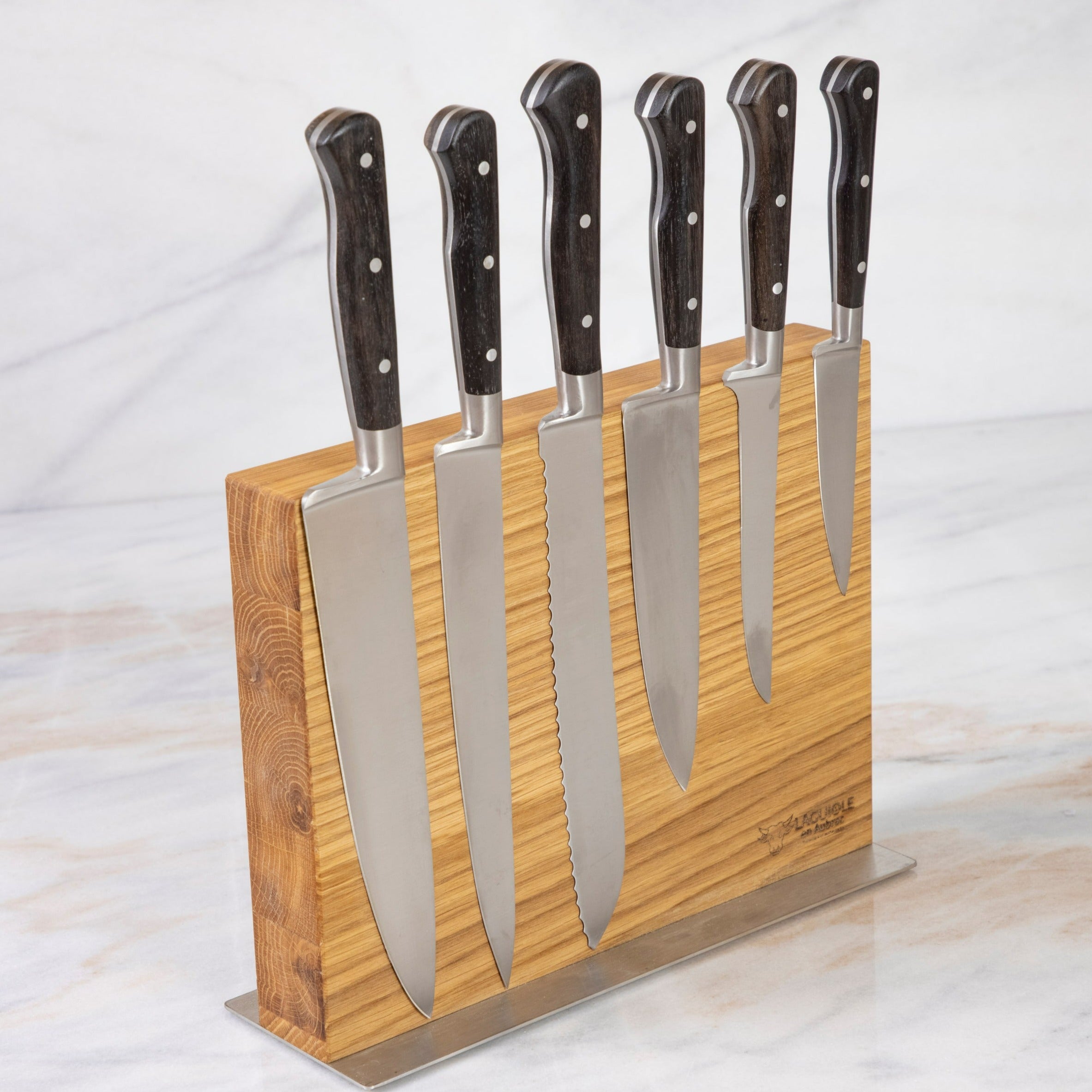 Laguiole en Aubrac Kitchen Knives with Oak Block, Set of 6, Ebony