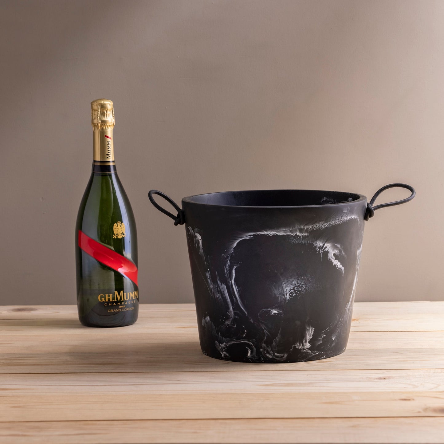 Handmade Resin Champagne Bucket with Leather Handles, Black Marble
