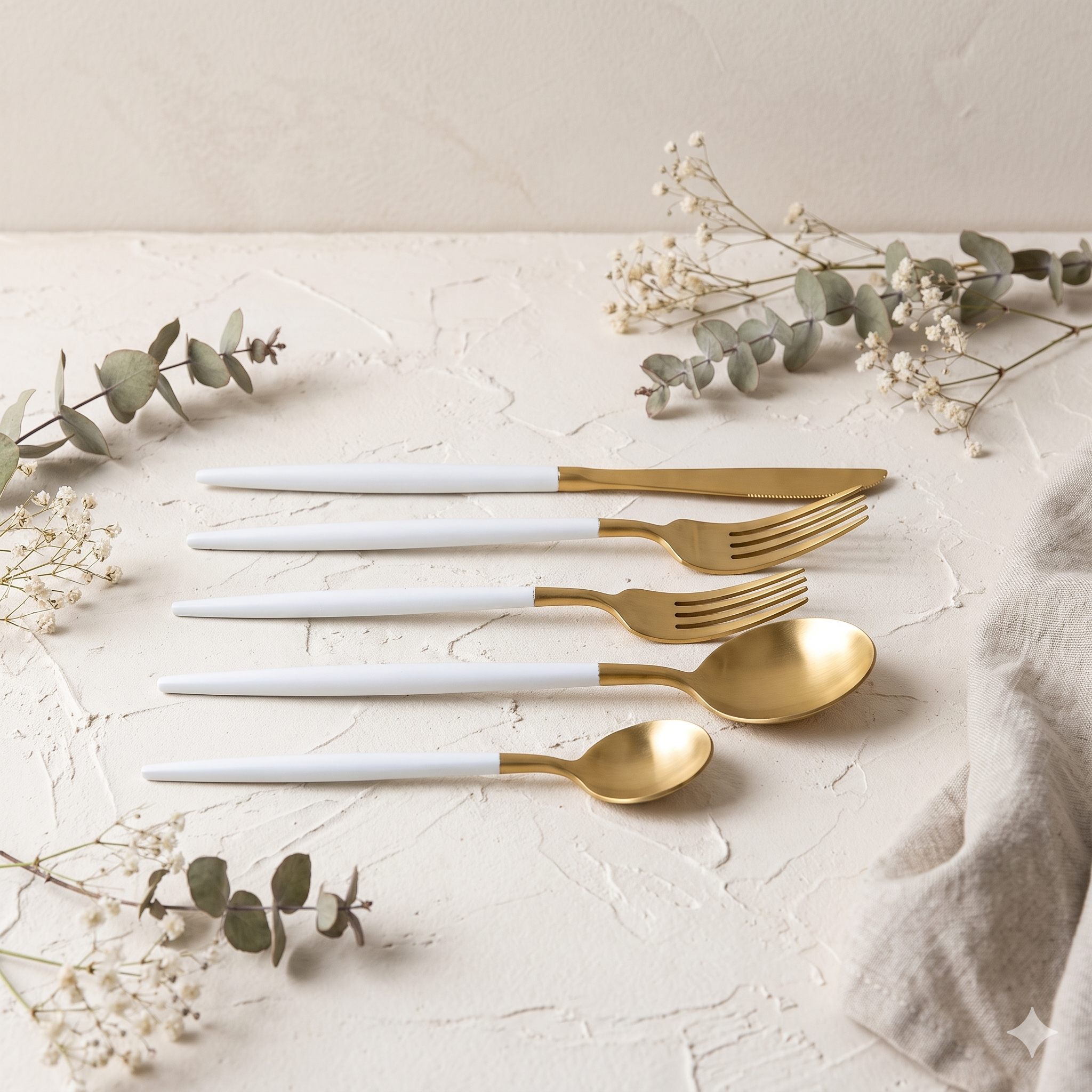 Gold Satinless Flatware Set of 5 with White Dipped Handles