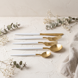 Gold Satinless Flatware Set of 5 with White Dipped Handles