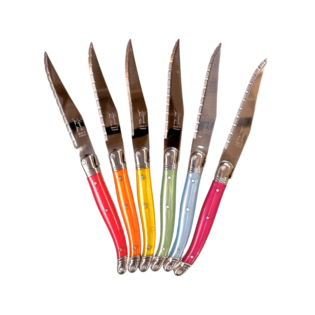 Laguiole 6 Piece Steak Knife Set, Platine Rainbow in Wood Presentation Box