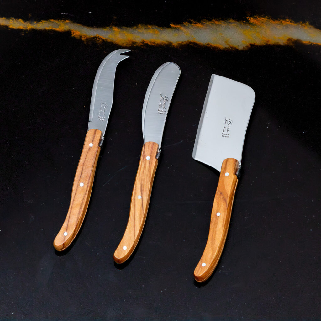 Laguiole 3 Piece Mini Cheese Utensil Set, Olivewood in Kraft Paper Box