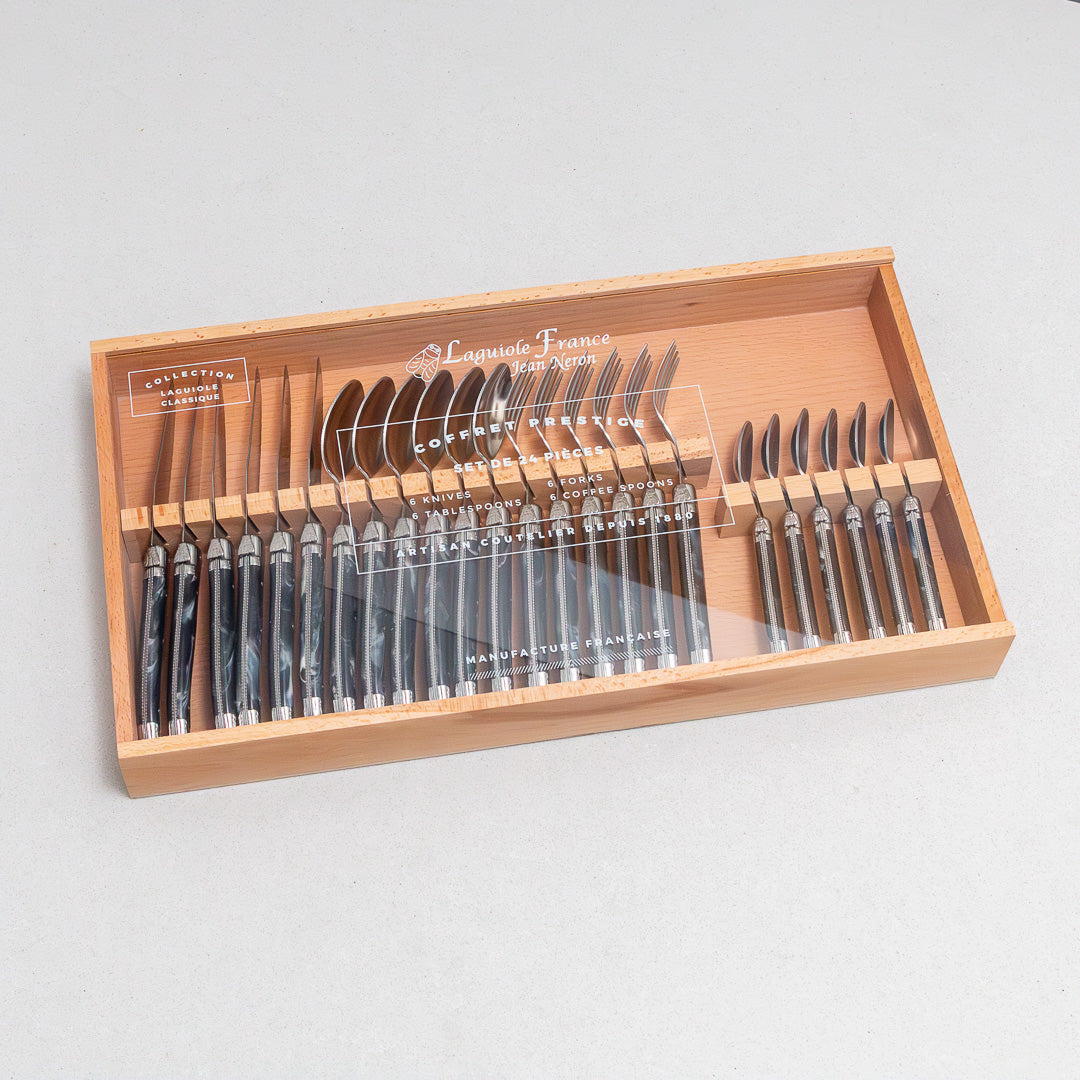 Laguiole 24 Piece Flatware Set, Black Marble in Wood Box with Acrylic Lid