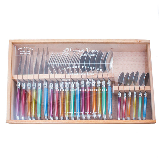 Laguiole 24 Piece Flatware Set, Rainbow in Wood Box with Acrylic Lid
