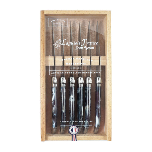Laguiole 6 Piece Steak Knife Set, Black Marble in Wood Box with Acrylic Lid