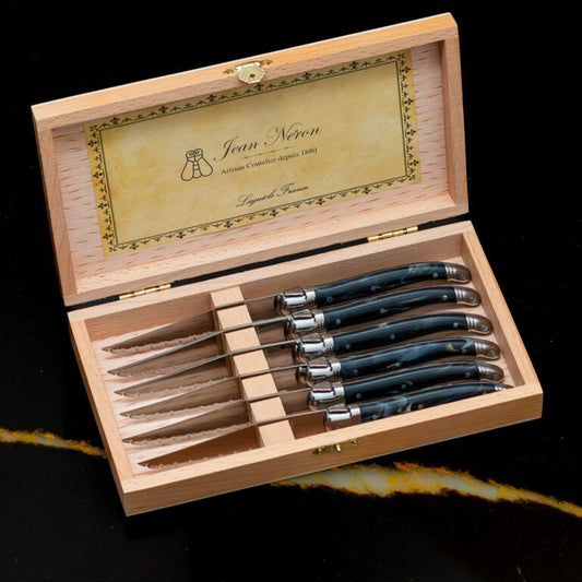 Laguiole 6 Piece Steak Knife Set, Black Marble in Wood Presentation Box