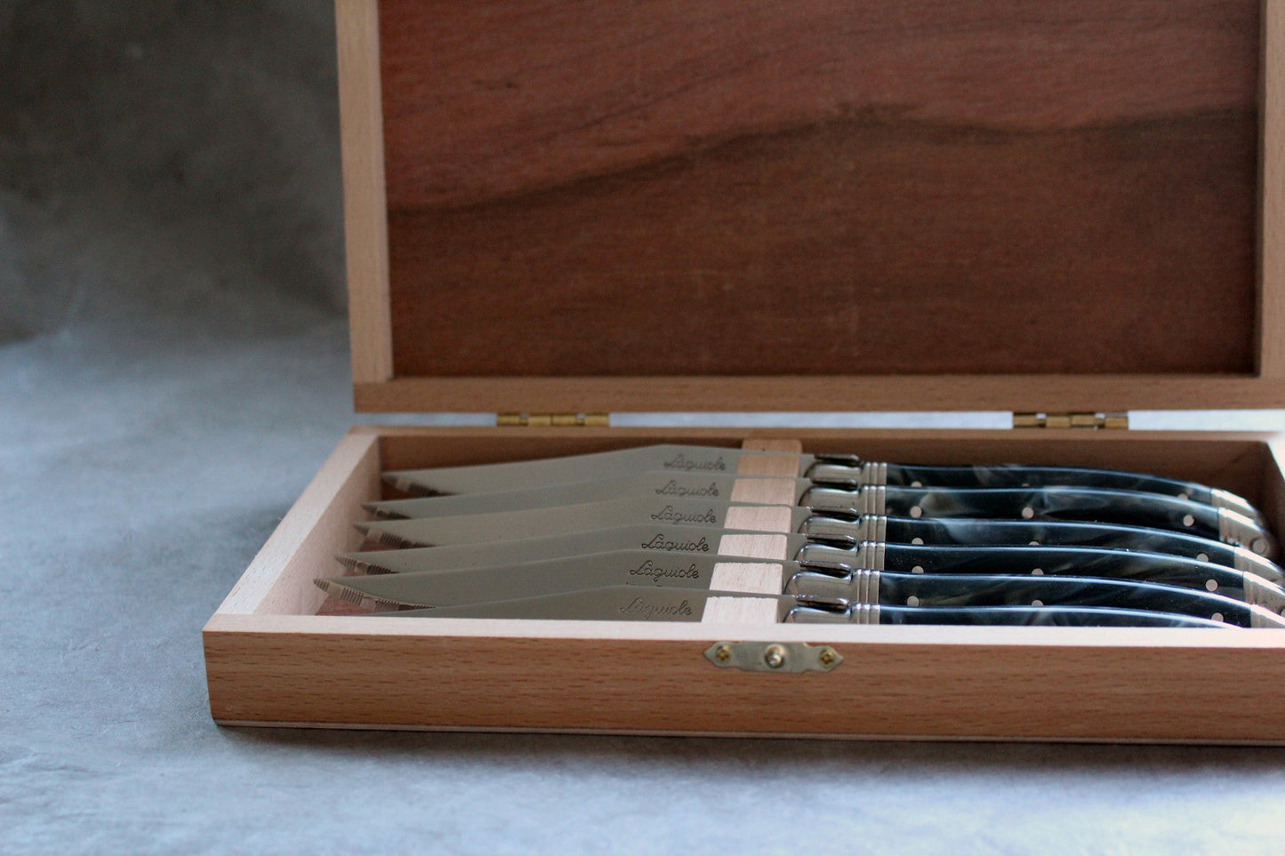 Laguiole 6 Piece Steak Knife Set, Black Marble in Wood Presentation Box