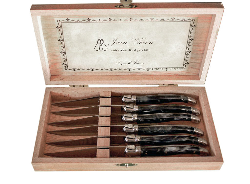 Laguiole 6 Piece Steak Knife Set, Black Marble in Wood Presentation Box