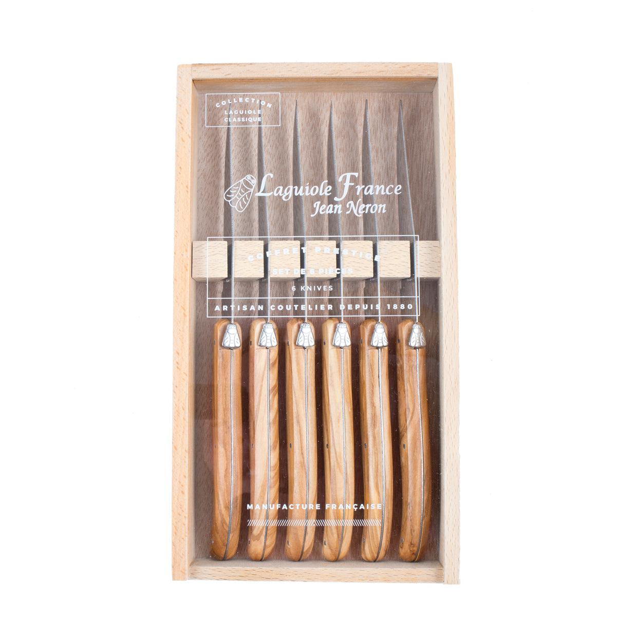 Laguiole 6 Piece Steak Knife Set, Olivewood in Wood Box with Acrylic Lid