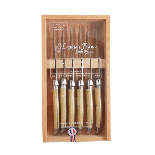 Laguiole 6 Piece Steak Knife Set, Pale Horn in Wood Box with Acrylic Lid